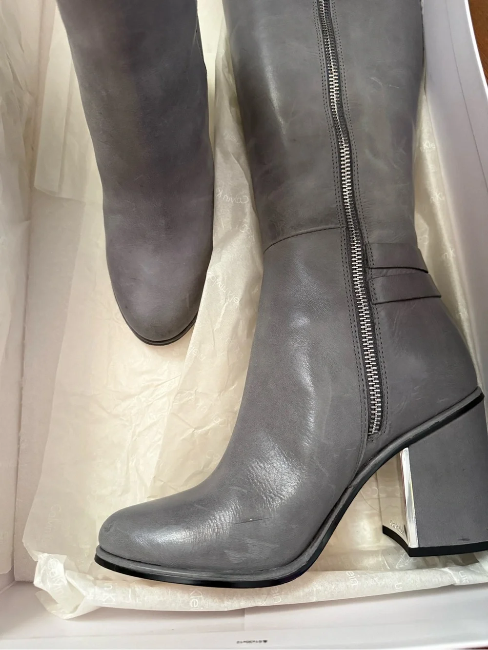 Calvin Klein Gray Leather Knee-High Block Heel Boots